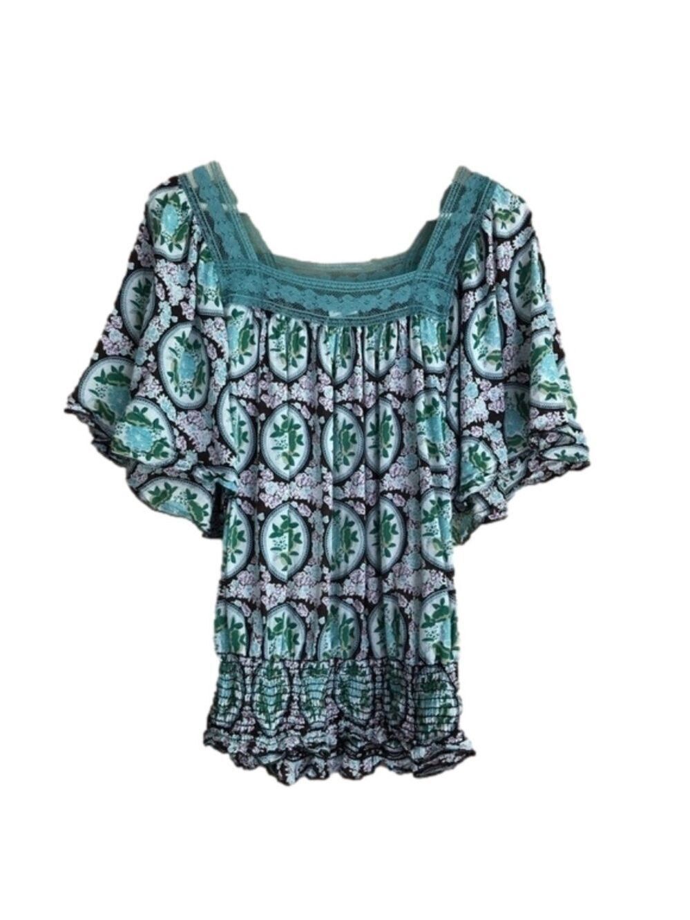 VINTAGE square neck smocked peasant blouse size medium